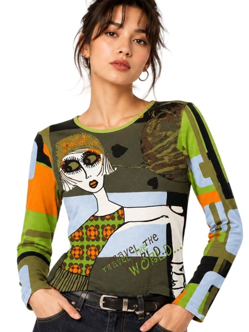 Y2K Cecil Graphic Art Top Abstract Pop Art Long Sleeve Stretch Tee Retro Mod Ind